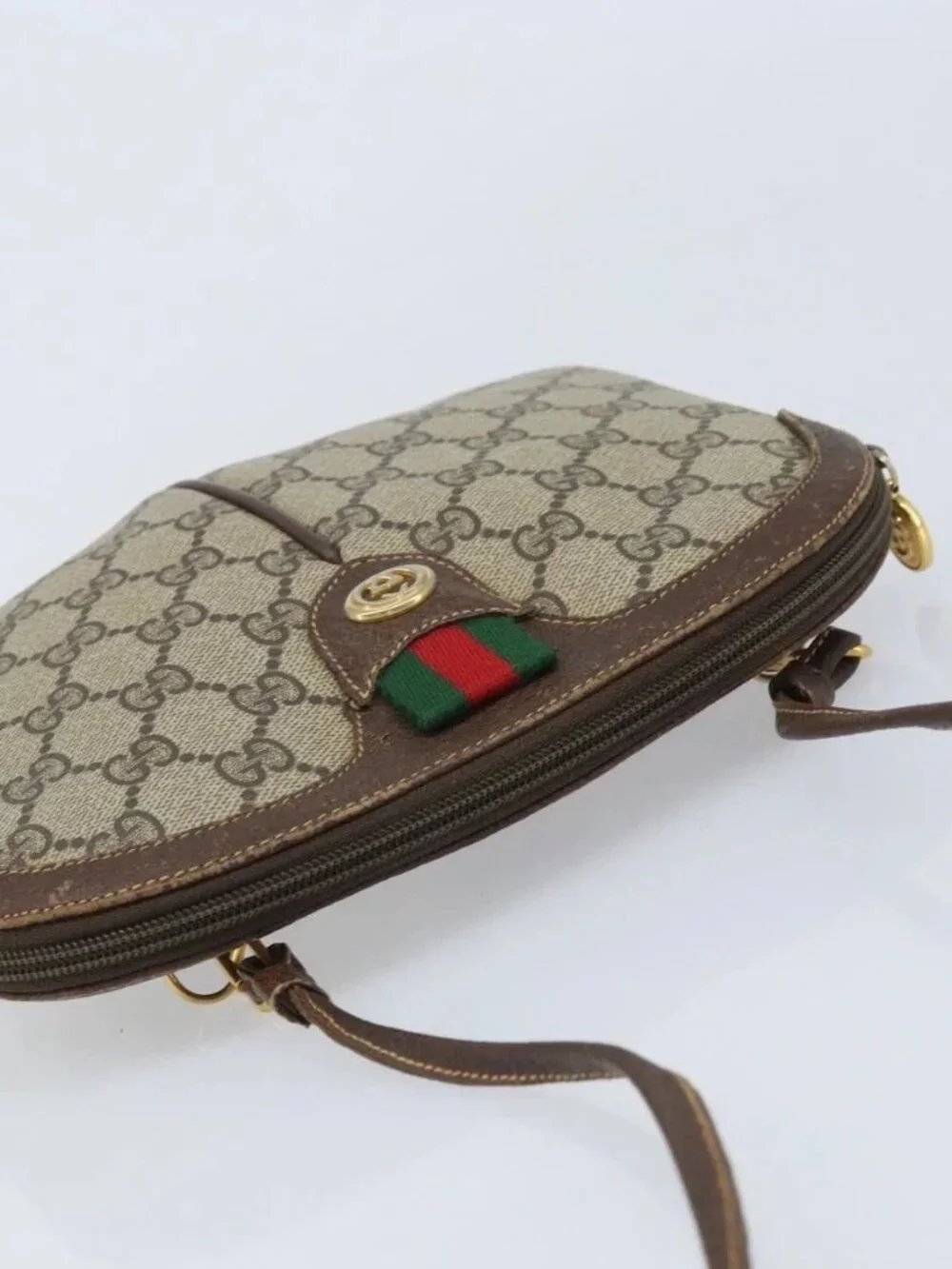 GUCCI GG Supreme Web Sherry Line Bag PVC Beige Gold 904 02 047 Auth ka3455